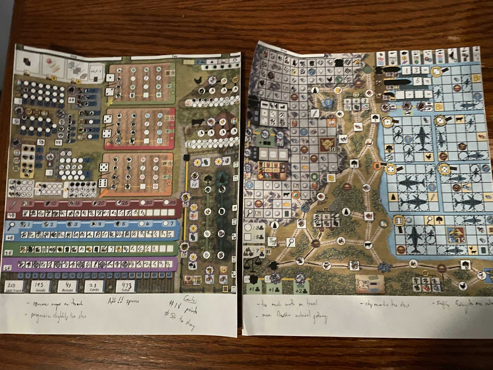 Board game playtesting session with analysis notes